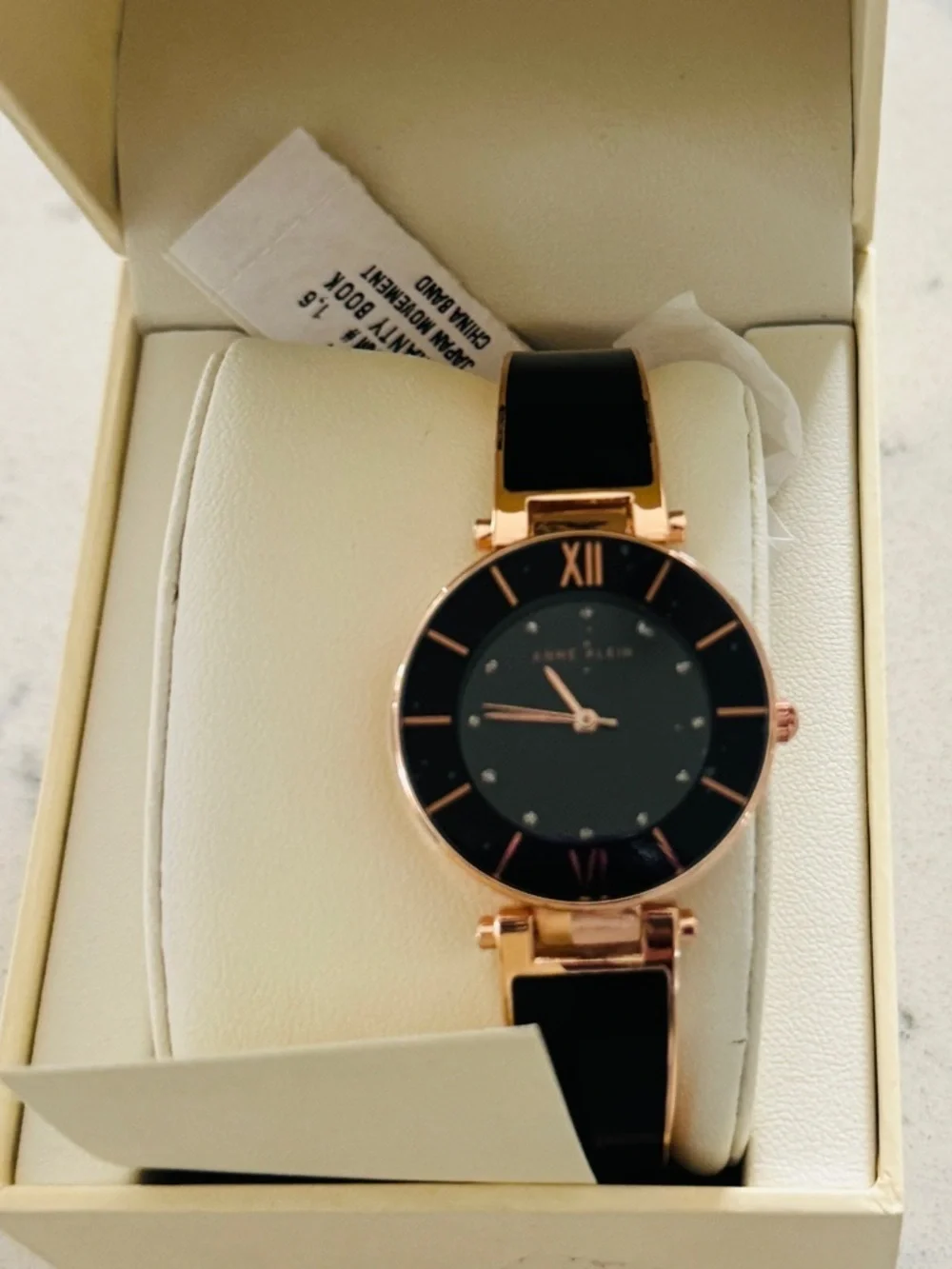 Anne Klein Rose Gold-Tone and Black Bangle Watch